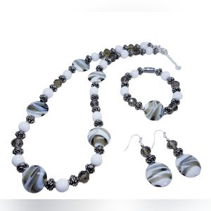 White/ Gray Swirl Disc Glass Beaded Trio Set